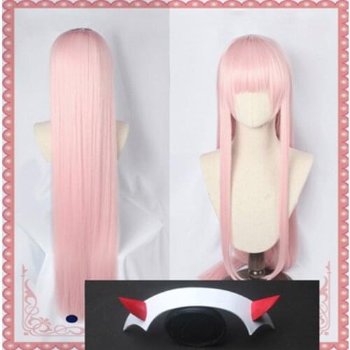 Anime DARLING in the FRANXX 02 Zero Two Cosplay Wig 100cm Long Pink Heat Resistant Synthetic Hair Wig + Wig Cap + Horn Hairband