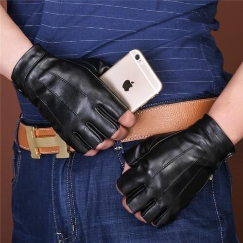 Half Finger Sheepskin Gloves Male Spring Summer Driving Motorcycle Fingerless Gloves Man Semi-Finger Fitness NAN43-2