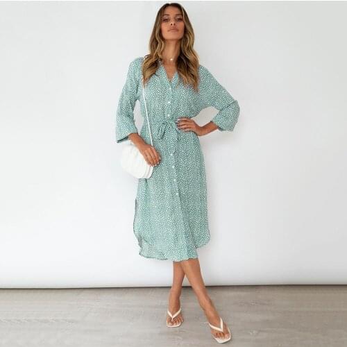 Spring And Autumn Womens Dresses Fashion Printed V Neck Single Breasted Lace Up Irregular Split Ladies Shirt Long Sleeve Dress