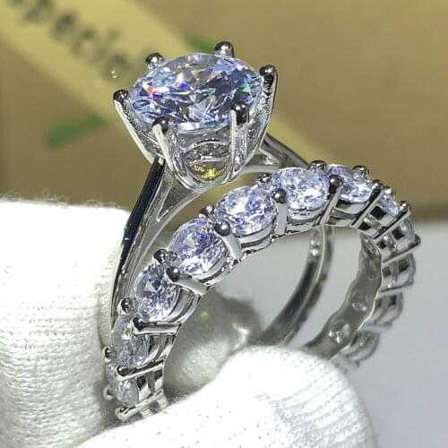 Size 5-10 Luxury Jewelry 925 Sterling Silver Round Cut White Clear AAAAA Cubic Zirconia Birthstone Women Wedding Band Ring Set