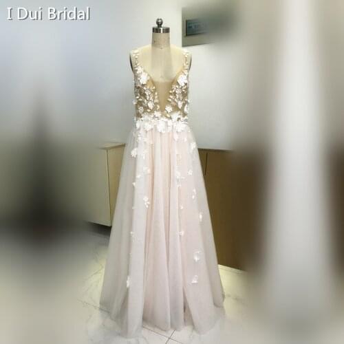 Romantic Floral Wedding Dress A Line Illusion Corset with 3D Flower and Leaf Low Back Fairy Bridal Gown