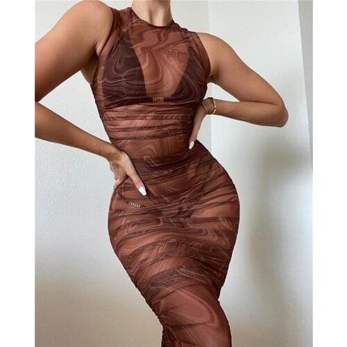 Townlike Slim Bodycon Bandage Dress Women 2021 Mini Summer Dress Perspective Print Mesh Sexy Dresses Vestidos