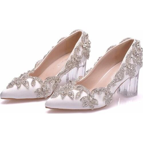 Women pumps wedding Party banquet PU Rhinestones Slip On 6.5CM Thick High Heels Pointed Toe high heels women shoes size 35-42