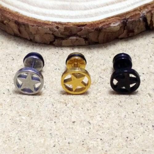 Hot Fashion Women Men Color Gold Black Plated Titanium Steel Round Pentagram Hollow Star Stud Earrings Small Brincos Jewelry