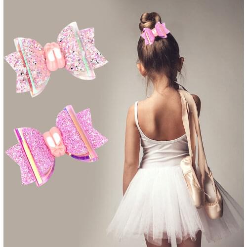 Ncmama 3inch Glitter Jelly Bow Hair Clips Ballet Stacked Hairclip Back To School Shiny Pink Hairgrip Kids Dance Hair Accessories