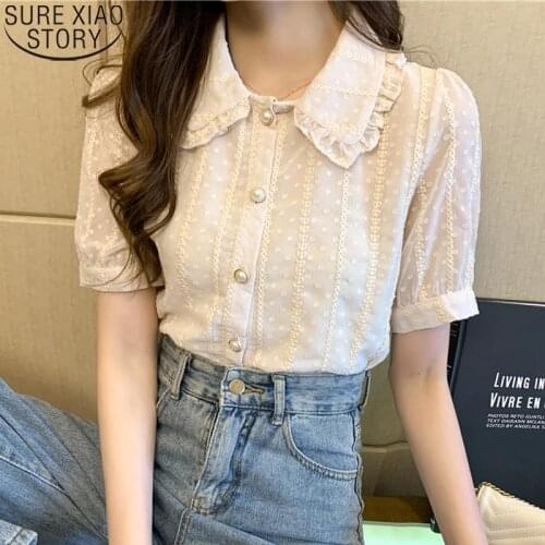 Women Fashion Peter Pan Collar Shirt Sweet Apricot Chiffon Blouse Summer 2021 New Short Sleeve Button Up Dot Shirt Clothes 14199