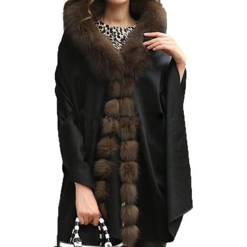 Women 100% Real Cashmere Shawl Cape With Real Best Fox Fur Poncho Wraps For Party Dinner Black Brown