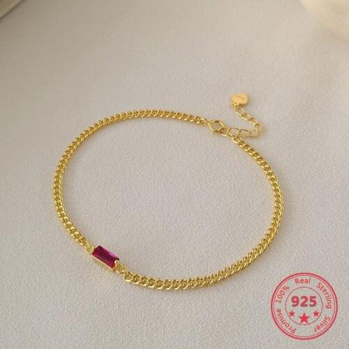 Korea New Style 925 Sterling Silver for Women Simple Fashion Chic Red Zircon Chain Bracelets Bangle Jewelry