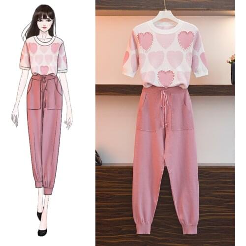 Women Casual Tracksuit Knitted Pullover Top+High Waist Lace-up pencil Pants Suit Summer Short Sleeve Trousers 2pcs Set Female