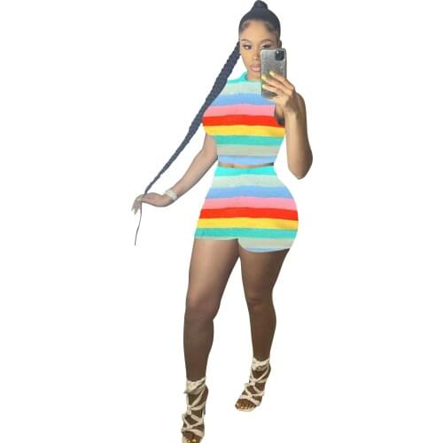 2021 New Product Rainbow Stripes Printed Gym Clothing Women Two Piece Sets Short Sleeve T-Shirt Top Biker Sweatpants Tracksuit