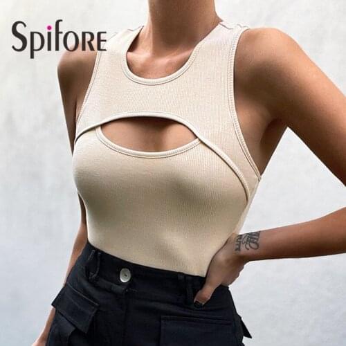Vsstiar Ribbed Knit Tank Top Black White Hollow Out Sleeveless Casual Shirt Beige O Neck Bodycon Women Sexy Crop Summer