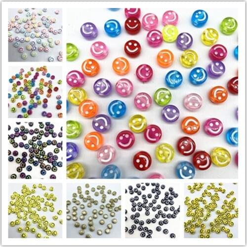 New 100pcs 7x4mm Smiling Face Round Flat Charms Acrylic Beads Loose Spacer Beads for Jewelry Makeing DIY Clothing Accessories