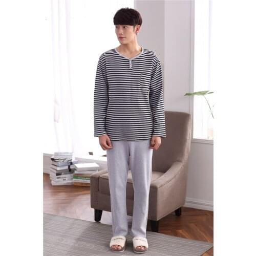 2019 sexemara arrival fashion men shipping cloth 100%cotton o-neck collar long sleeve stripe coat and Gray pants comfortable