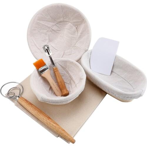 7/8PCS Banneton Fermentation Proofing Rattan Basket Dough Bread with Arc Curved Knife Scraper Brush Danish Whisk Linen