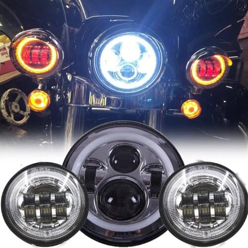 7 Inch Motor LED Headlight 4.5'' Fog Lamps with White DRL,Amber Turn Light Red Demon For Harley Motorcycle Electra Glide Softail