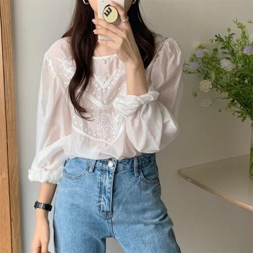 Alien Kitty White Retro Sweet Blouses Lady Autumn Embroidery 2021 Full Sleeves Florals Chic Girls All Match Women Mujer Tops