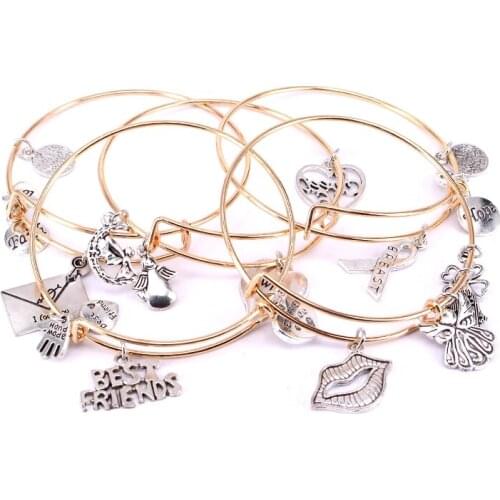 10 Pcs Bangle Set Wholesale Ribbon Love Lips Best Friends Charm Bracelets Adjustable Wire Bangles for Women Cuff Jewelry A016