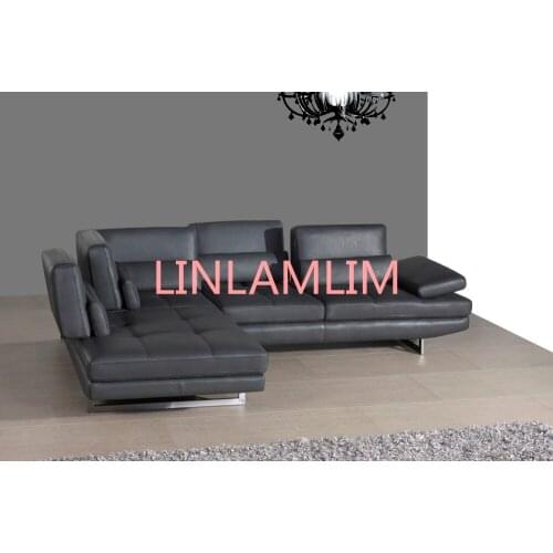 Real leather sofa sectional living room sofa corner home furniture couch L shape functional headrest modern stainless steel legs