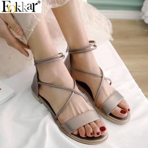 Eokkar 2019 New Sandals Women Shoes Cross-tied Shoes Zipper Sandals Low Heel Summer Shoes Black Ladies Sandals Size 34-43