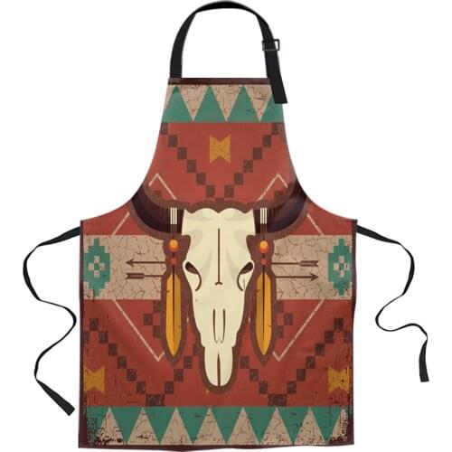 Indian Bull Skull Art Printed Kitchen Cooking Baking Aprons Canvas Sleeveless For Women Man Kids Home Delantal Cocina