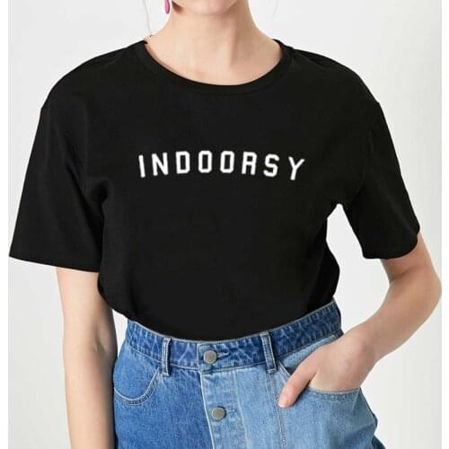 Indoorsy Print Summer T-shirt Women O-neck Cotton Short Sleeve Funny Tshirt Women Top Loose T-shirt Femme Black White
