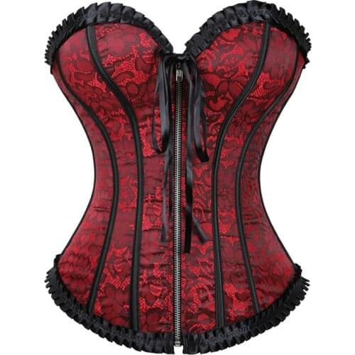 Corset Top Sexy Bustiers Zipper Front Vintage Flower Exotic Victorian Costumes Corset Overbust Plus Size Korsett for Women Red