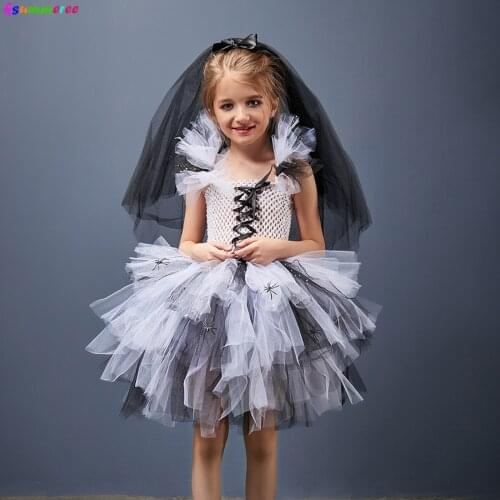 Handmade Zombie Bride Tutu Costume Kids Dead Bride Halloween Fancy Dress Glitter Sparkle Tulle Girls Cosplay Dress Clothing