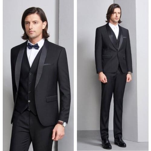 Mens Two-Piece Suit Black One Botton Shawl Lapel Slim Fit Business Casual For Groommen Wedding Banquet Suit Clothing
