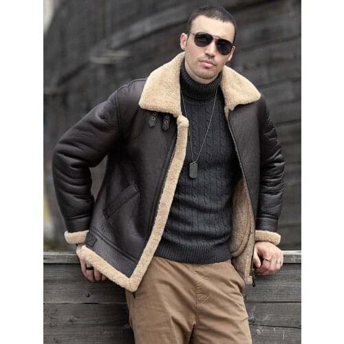 New Mens B3 Sheepskin Shearling Coat Winter Fur Overcoat Brown Motorcycle Jacket
