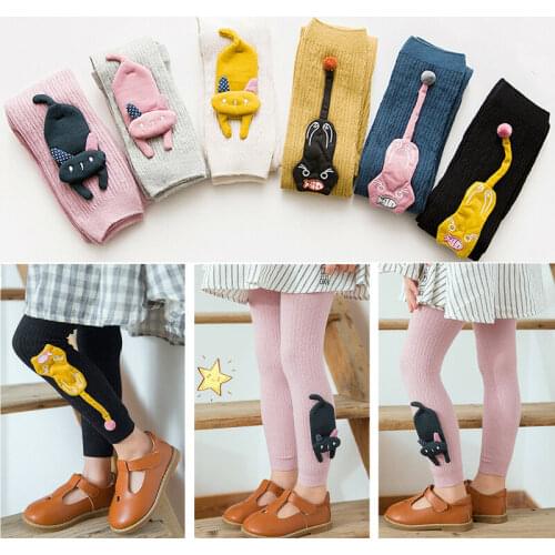 1-8T Autumn Winter Cotton Baby Girl Leggings Cute Animals Toddler Cat Print Knitting Warm Thick Non-slip Long Stretch Girl
