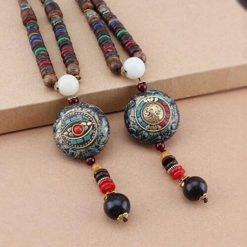 Retro Ethnic Round Turkish Eye Pendant Necklace Ganesh Elephant Long Sweater Necklace Buddhist Wood Mala Beads Religion Jewelry