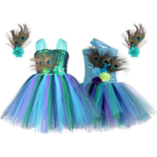 Girls Peacock Tutu Dresses for Girls Kids Tulle Princess Feather Costume for Girls Pageant Halloween Birthday Party Gown Dress
