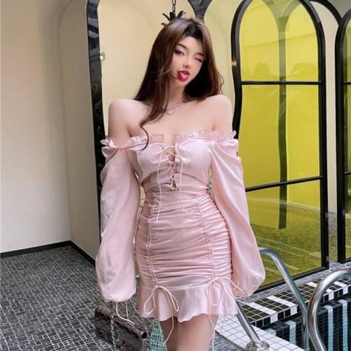 Off Shoulder Pink Dresses Evening Party Autumn Sexy Style Club Slash Neck Ruffles Bandage Bodycon Dress Woman Clothing New