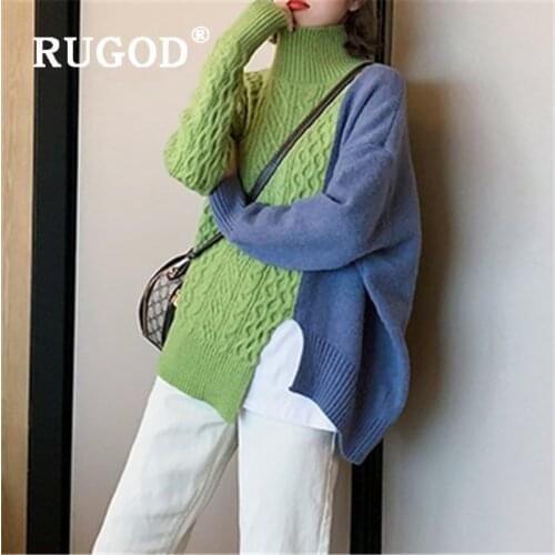 RUGOD New winter women korean patchwork color female sweater pullovers turtleneck split loose knitted pull fashion female top