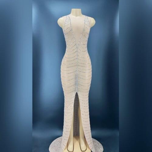 Sexy See Through Mesh Silver Rhinestone Evening Celebrate Gown Dress Party Prom Outfit Birthday Long Tail Stage Show Costume