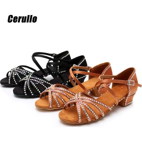 Diamond Decorated Satin Fabric Low Heel Children Teenagers Latin Dance Shoes Ballroom Tango Dancing Shoes for girl Sandals C01DZ