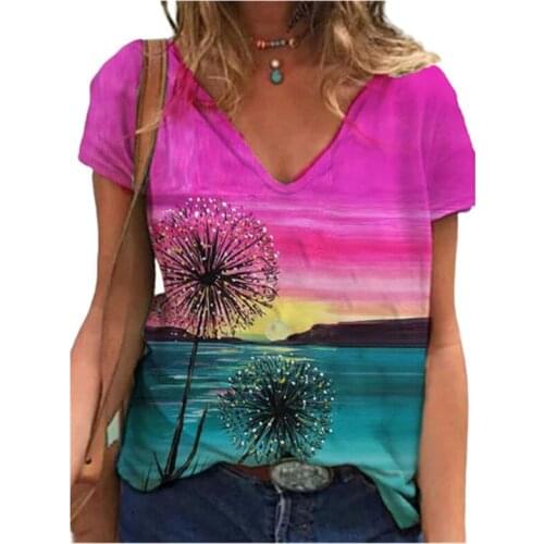 3D Dandelion Print Women T Shirt Summer 2021 New Fashion Casual Streetwear Short Sleeve V-Neck Tee Tops Plus Size Ladies Clothes