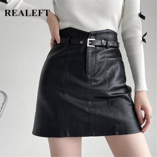 REALEFT Winter Womens PU Leather Skirts With Belt Sexy Autumn High Waist Wrap Lady Zipper A-Line Mini Skirts Female 2021 New