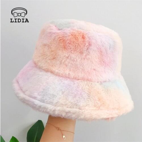 Women Sweet Girl Rainbow Plush Tie Dye Faux Lamb Hair Windproof Big Brim Basin Hat Autumn and Winter Warm Protection 56-58cm