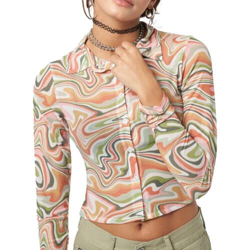 Women’s Long Sleeve Shirt 90s Girls Cardigan Water Ripple Single-breasted Exposed Navel Tops Blouse Summer Shirts 2021