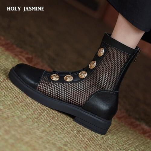 2021 New Cool Boots Genuine Leather Mesh Zipper Female Pumps Spring Summer Round Toe Square High Heel Women Shoes Size 34-43