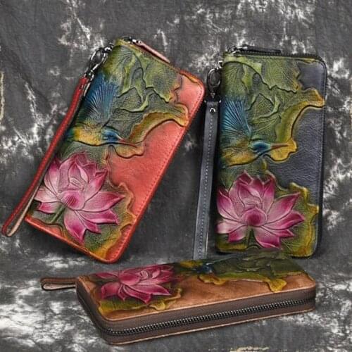 Women Wallet Female Handbag Money Coin Purses Holder Genuine Leather Embossed Retro ID Card Holder Coin Long Clutch Wallets