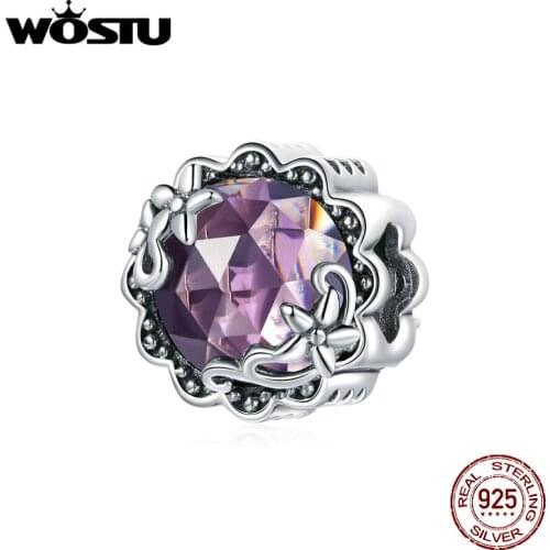 WOSTU 925 Sterling Silver Purple Zircon Charm Wave Shape Pendant Fit Original Bracelet Necklace DIY Jewelry CQC1796