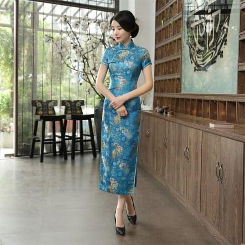 Sexy Slim Print Women Satin Chinese Dress Elegant Mandarin Collar Oriental Cheongsams Vintage Button Qipao Summer Tang Prom Gown
