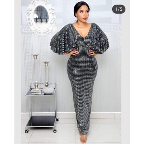 FNOCE 2019 Hot Elegant Women Sexy Club Dress Solid Deep V-Neck Half Batwing Sleeve Markedly Higher Thin Maxi Dress