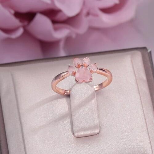 Fine Jewelry 925 Silver Sterling Rings For Women Rose Quartz Natural Bears Paw Foot Gemstone Print Pink Lovely Ring CCRI027
