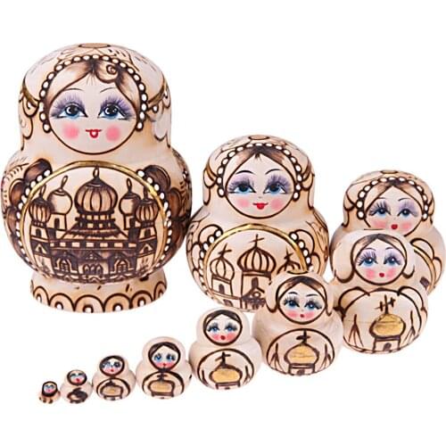 10 Layers/Set Wooden Russian Nesting Dolls Castle Pattern Matryoshka Doll Girls Gift Handmade Crafts New Years Home Decor
