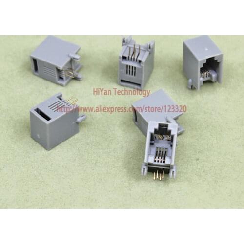 100pcs/lot) RJ11 4P4C Grey Modular Jack Network Telephone Socket 4 Pin 90 Degree Needle Welded Type