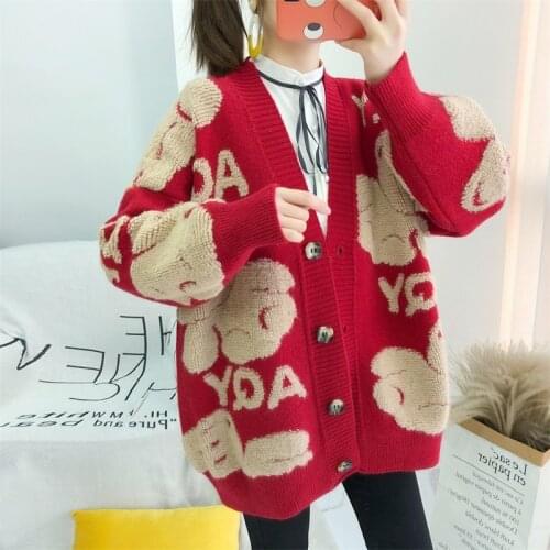 2021 Autumn Winter Knitted Female Cardigan Loose Streetwear Knit Sweater Coat Cute Cartoon Print V-Neck Cardigan Women Jacket