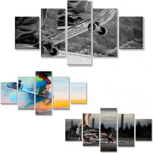 5 Panel Hd Printed Modular Canvas Painting Skateboard Extreme Sports Poster and Print Wall Art Sport Gym Room Decor with frmae